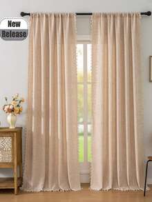 1pc Linen Texture Fringe Edge American Style Curtain, Semi-Sheer Privacy Curtain For Bedroom Window Privacy Blocking, Living Room Sheer Drape - Khaki - View 4