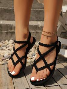 女士平底凉鞋，纯色交叉松紧带防滑，休闲夏季沙滩拖鞋 - 黑色 - 查看 4