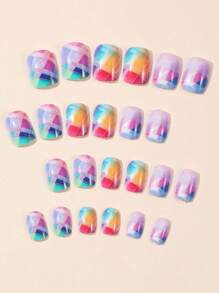 24pcs Set Of Colorful Plaid Press-On Nails - Medium Square, Glossy Finish With Stripe Design For Hands & Feet Care