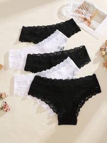 5 pièces Culottes triangulaires pour femmes, de couleur unie avec bord en dentelle rayé, sexy et respirant