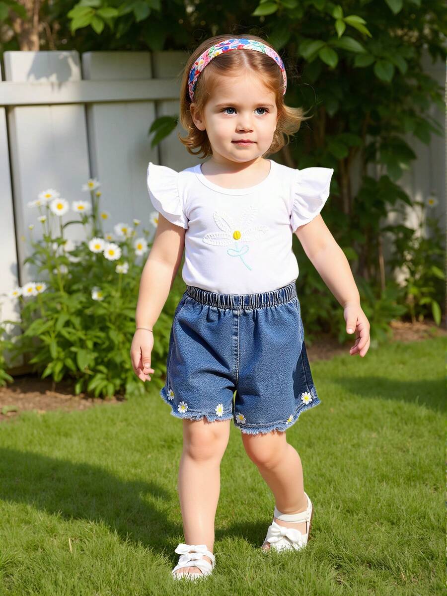 2pcs Girls Summer Casual Simple Embroidery Top And Denim Shorts Set - White - View 1