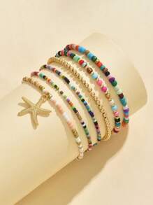 Tobillera con colgante de estrella de mar estilo bohemio-chic con cuentas de arroz de colores - Joyería vintage de playa multicapa de aleación, regalo perfecto para ella