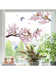 1 件家居装饰迷人粉色花卉和鸟类玻璃窗贴 - 防水，PVC 家居装饰贴纸，现代风格，乙烯基贴花，家居装饰，窗户装饰物品，刷新您的家庭房间装饰墙面装饰个性化墙贴