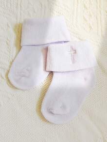 1Pair Baby Boys Girls White Baptism Socks With Cross Embroidery Christening Holy Communion Turn Cuff Toddler Infant Socks First Communion Gift Special Occasion Baby Event - White - View 5