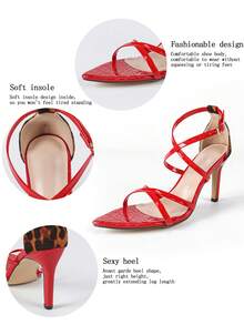 女士尖头斑点图案交叉踝带豹纹优雅奢华时尚派对高跟鞋 - 紅色 - 查看 6