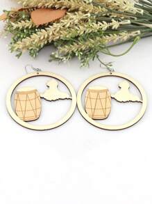 1 Pair Wooden Hollow Geographical Map Earrings, Vintage African Pattern Wooden Round Boho Earrings
