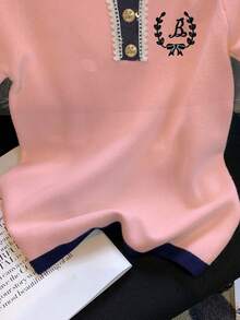 Blusa de manga corta con cuello polo bordado y bloques de color - Rosa Pálido - Ver 5