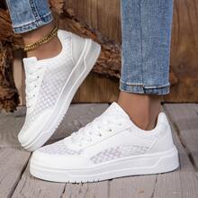 Pantofi sport casual mici pentru femei, albi, cu talpă moale și șireturi, matlasați, cu talpă joasă, confortabili și respirabili - alb - Vizualizare 4