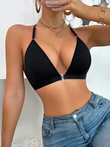 1 pieza Camiseta sin mangas negra pura con cierre delantero acanalado para mujer