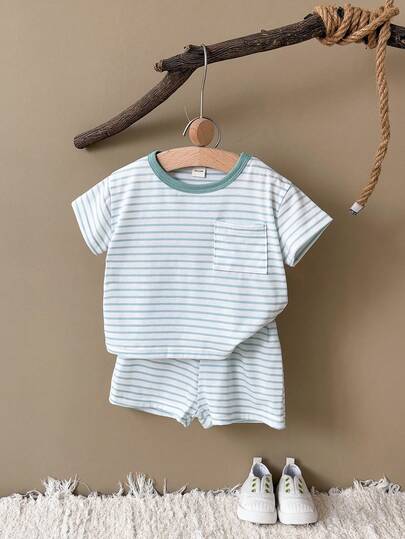 2pcs/Set Newborn Baby Boys/Girls Summer Striped Short Sleeve T-Shirt And Shorts