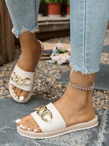 Women's Summer Sandals Slippers, Rope Sole Slippers, Metal Buckle Decor Slippers, Resort Style Sandals, Comfortable Slip-On Sandals, Thick-Sole Beach Slides, Printed House Slippers