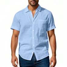 Hawaiian Style Linen Loose Casual Henley Collar Short Sleeve Shirt