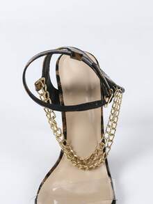 SHEIN ICON Women's Square Toe Glossy Leopard Print Transparent Glass Clear Strap Buckle Metal Chain Skinny High Heel Sandals, Elegant Luxurious Fashion Party Sexy Brown High Heels - Brown - View 10