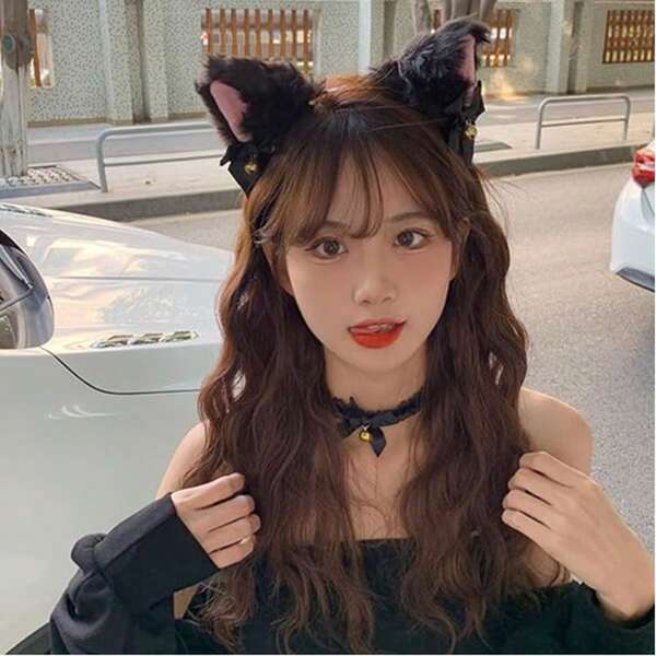 Polyester Cat Ears Maid Headband With Bells, Cute Animal Ears Bow Hair Accessory For Halloween