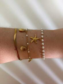 1 pieza Nuevo brazalete de acero inoxidable con colgante de estrella de mar, estilo playa de verano, joyería para mujer