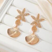 Pendientes colgantes con borlas, conchas metálicas retro exageradas y estrellas de mar para mujeres