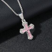 1pc Men's Silver Rhinestone Cross Pendant Necklace, Personalized Fully Rhinestone Embellished Cross Sweater Chain Jewelry - Pink - View 8