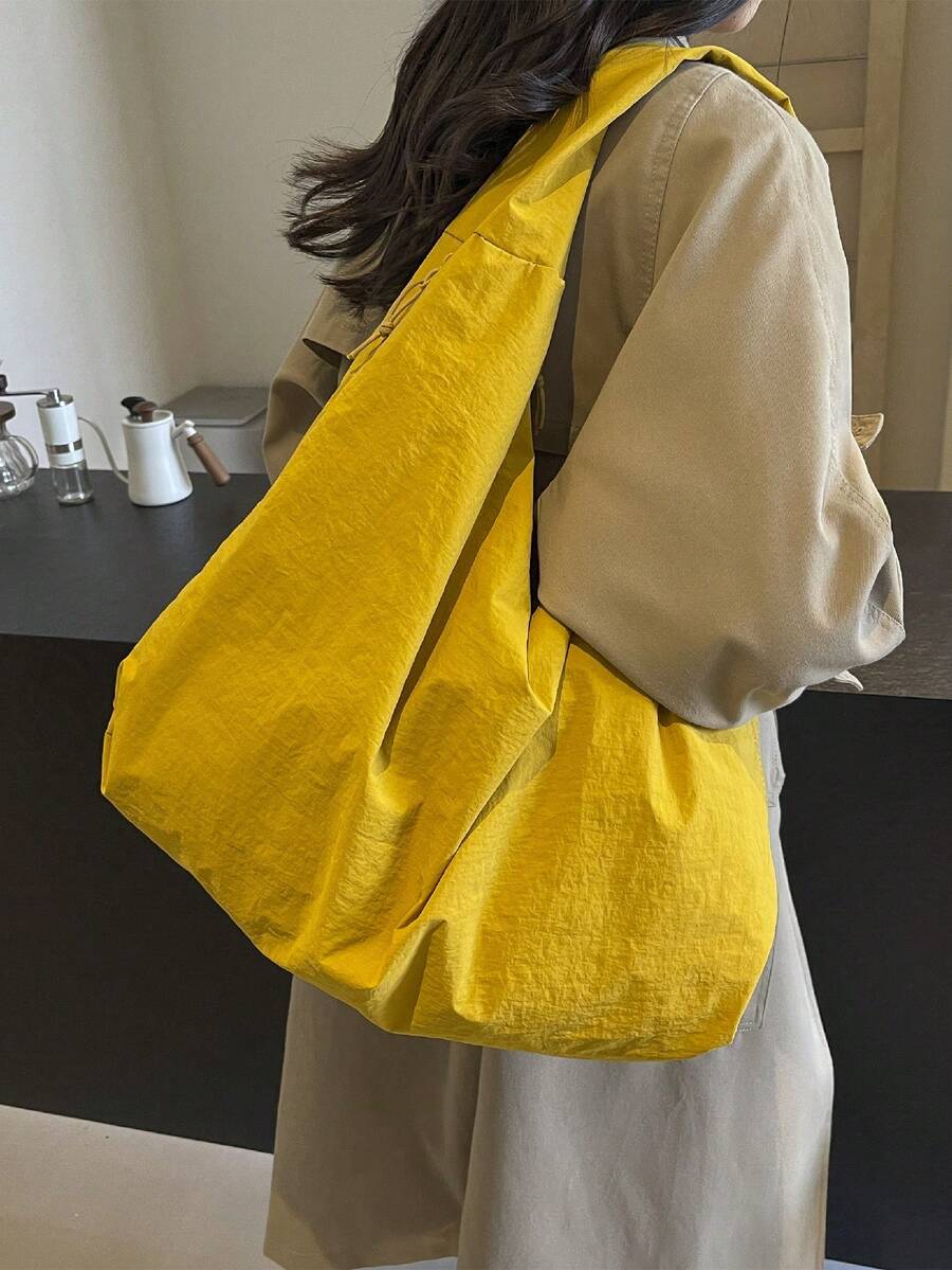Bolso de tela con un solo hombro, de color liso, de gran capacidad, con múltiples bolsillos y compartimentos - Amarillo - Ver 1
