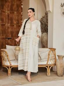 2026 New Style Ramadan Traditional Elegant Embroidered Gold Floral Dress, V-Neck Asymmetric Patchwork Creative Pocket, For Spring/Summer, Eid Al Adha - Apricot - View 3