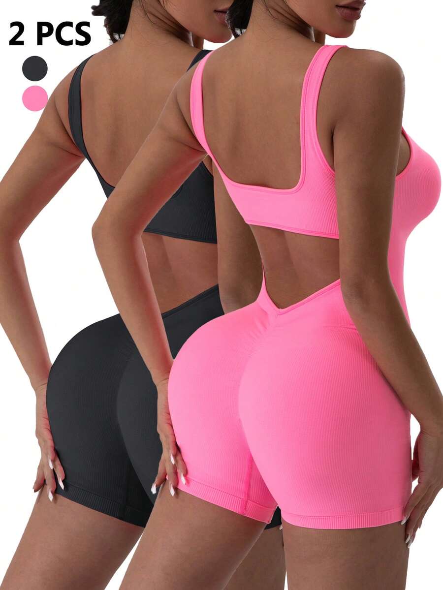 2 Pieces Set Women's Solid & Tie Dye Backless Cutout Yoga Shorts, Sexy Sports Romper Workout Jumpsuit In Black & Pink Shapewear Bodysuit - Multicolor - View 1