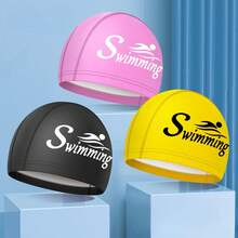Unisex Plus Size Long Hair Ear Protective Swim Cap, PU Waterproof Letter Print Swim Hat, Beach Essentials, Beach Accessories, Pool Float - Multicolor - View 5