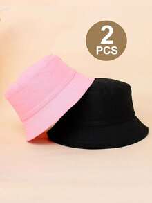2pcs/Pack Kids Solid Color Printed Adjustable Sun Protection Breathable Casual Bucket Hat, Suitable For Outdoor Activities And Daily Use - Black+Pink - View 1