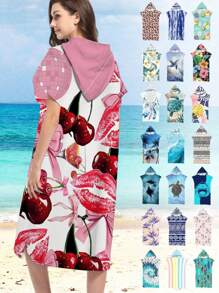 1 Peça Capa/Poncho com Capuz Estampa de Morango e Cereja - Super Macio em Microfibra com Estampa de Praia, Adequado como Presente para Homens, Mulheres, Casais - Decoração de Praia e Casa, Xale para Casais | Roupão de Microfibra, Adequado para Todas as Férias de Volta às Aulas