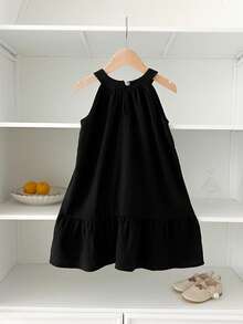 Humor Bear Girls Casual Fashionable Bowknot Neck Dress, Summer - Black - View 2