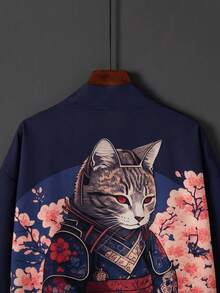 Japanese Style Unique Vintage Cat Samurai Print Kimono Jacket Cover Up, Lightweight Loose Fit Plus Size Beach Cover Up, Summer