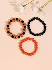 3pcs Gothic Goth Horror Blood Hand Skull Pumpkin Spider Print Wooden Bead Bracelet, Punk Style Elastic Wrist Strap, Unisex, Suitable For Halloween Party Holiday Gift