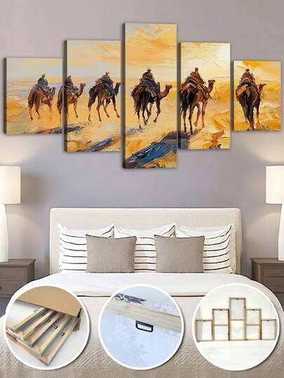 1/5pcs,Large Camels In The Dunes Painting Poster,Wall Art With Frame,Middle Eastern Culture Animal Picture,Arabian Desert Camels Canvas Wall Art,For Bedroom Livingroom,Bathroom,Home Wall Decorations,Ready To Hang