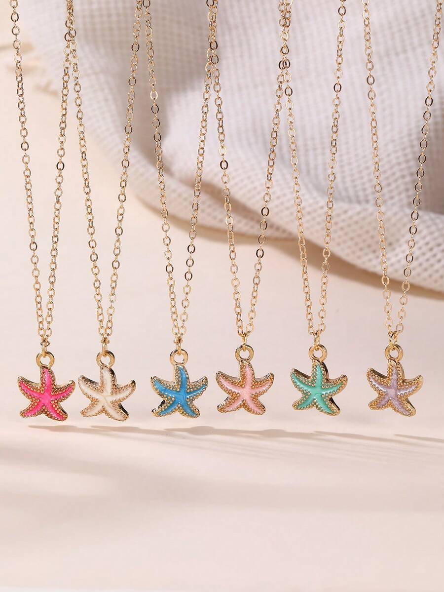 1/2/4 件女孩海星和五角星吊坠项链，适合海滩度假和日常佩戴 - 彩色 - 查看 1