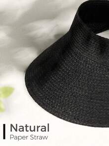 Women's Sun Hat, Beach Hat, Raffia Sun Hat, Wide Brim Straw Ponytail Hat, Foldable, Gift - Black - View 8