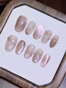 10pcs Short Oval Pink French Style Cat Eyes Fake Nails With Elegant Fish Tail Shape Pink Design With Leaf Patterns And Pearl Accents, 100% Handmade Press On Acrylic Fake Nails Reusable Nail Supplies Including 1pc Jelly Glue,1pc Stick And 1pc Nail File For Women's Daily Or Party Wear - Multicolor - View 12