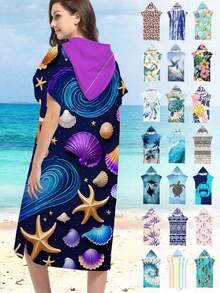 1pc Soft Microfiber Printed Hooded Beach Robe With Starfish & Shell Pattern - Suitable For Beach, Home Decor, Gifts For Men, Women, Couples - Beach & Holiday Wear, Couples Cloak Back To School - Multicolor - View 8