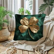 1 Stück Kissenbezug im Vintage Stil mit Glücksklee, 45x45cm, Design mit goldenem Blatt und Vierblättrigem Klee, Polyester, maschinenwaschbar, mit Reißverschluss, gewobener Polyester Dekorationskissenbezug für Zuhause und Büro