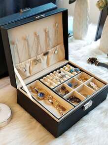 1pc Dual-Layer PU Leather Jewelry Box, Large Capacity Earring, Necklace, Bracelet Storage Box, Women's Portable Multi-Function Jewelry Box With Safety Lock And Reliable Soft Pad Drawers, Velvet Lining Travel Case, Jewelry Gift Box, Anti-Theft Design, Women Jewelry Gift Box With Large Capacity And Multi-Compartment, Suitable For Rings, Earrings, Necklaces And Bracelets