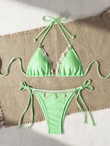 Nuevo conjunto de traje de baño con copas suaves, tirantes de espagueti, espalda descubierta y decoración de concha para vacaciones en la playa - verde menta - Ver 11