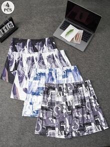 Juego de 4 pantalones cortos de pijama sueltos y cómodos con estampado gráfico y de letras, cintura elástica, multicolor, para hombres - Multicolor - Ver 3