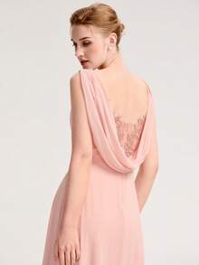 EVERPRETTY Elegant Solid Swing Back Neck Design Embroidery Applique Rhinestones Embellished Pleated Chiffon Draped Pink Bridesmaid Dresses Formal Dress Wedding Guest Dress - Baby Pink - View 6