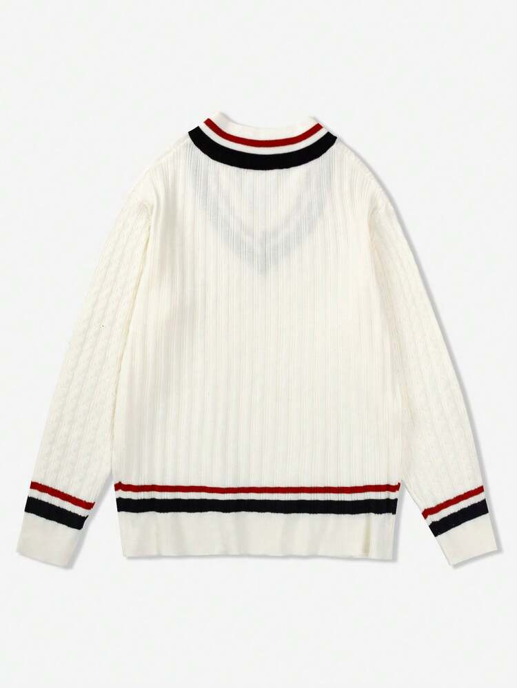 Men Striped Trim Cable Knit Cricket Sweater Without Shirt, Fall/Winter, Long Sleeve Top - White - View 2