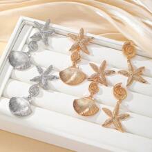 Pendientes colgantes con borlas, conchas metálicas retro exageradas y estrellas de mar para mujeres