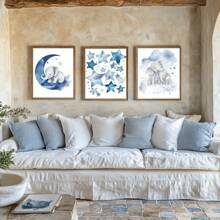 1 Stück Wandkunst Poster wahlweise mit Rahmen Dekor, Baby Mädchen Elefant Kinderzimmerdekoration - Baby Jungen Zimmer Dekorationen für Kinderzimmerwand, blaue Mond und Sterne Kinderzimmerkunstdrucke, süßes Elefantenposter Tierbild für Schlafzimmer