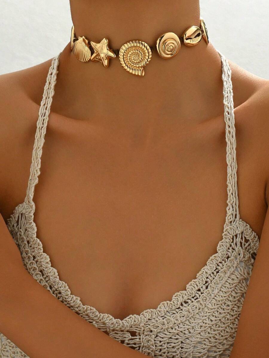 1 件女士夏季新款复古波西米亚风格贝壳手工编织天鹅绒绳项链，海滩度假百搭配饰