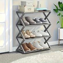 1pc Space-Saving Stackable & Foldable Plastic Shoe Rack, 4-Tier, For Entryway, Hallway, Bedroom And Dorm, Black X Design, No Assembly Required