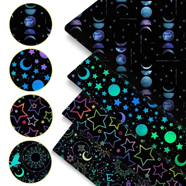 4pcs Constellation Solar Star Moon System 17.7x19.68inch(45x50cm) Galaxy Black Series Polyester Fabric Fat Quarter Fabric Bundle, Polyester Quilting Squares For Patchwork, DIY Crafts Projects, DIY Wallet Making