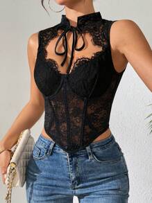 EZNV 1pc Lace Patchwork Fishbone Cute Corset Top, Waist Cincher Bustier