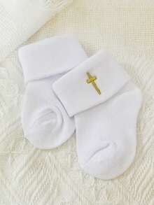 1Pair Baby Boys Girls White Baptism Socks With Cross Embroidery Christening Holy Communion Turn Cuff Toddler Infant Socks First Communion Gift Special Occasion Baby Event - Gold - View 1