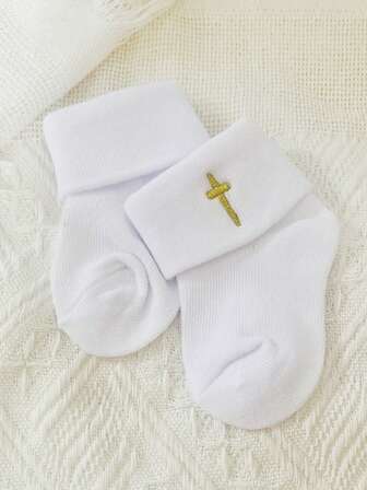 1Pair Baby Boys Girls White Baptism Socks With Cross Embroidery Christening Holy Communion Turn Cuff Toddler Infant Socks First Communion Gift Special Occasion Baby Event
