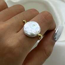 S SHOPBOHO 1pc Stainless Steel Finger Ring Chunky Jewelry Girls Party Outfit Large Irregular Faux Pearl Gold Ring